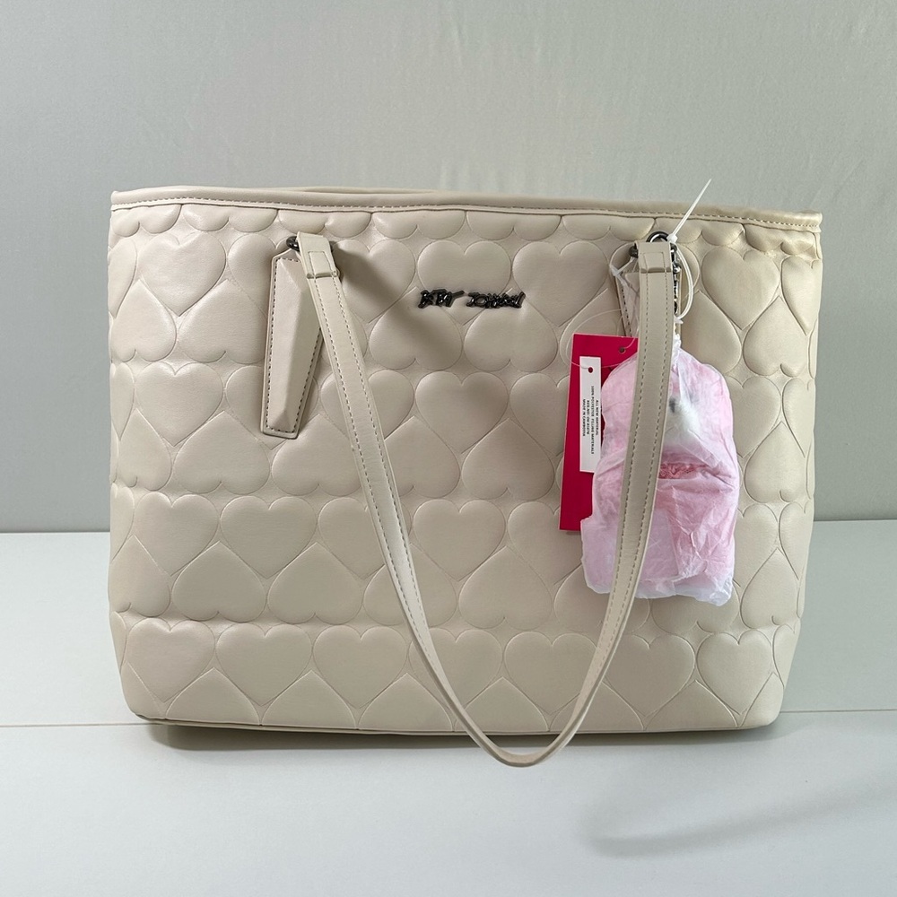 NWT Betsey Johnson Chalk Quilted Heart Tote w/ Pink Bear Charm